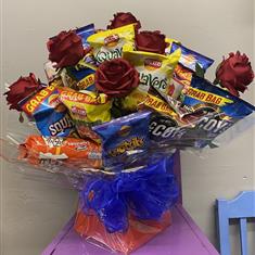 Crisps, chocolates &amp; artificial red rose bouquet